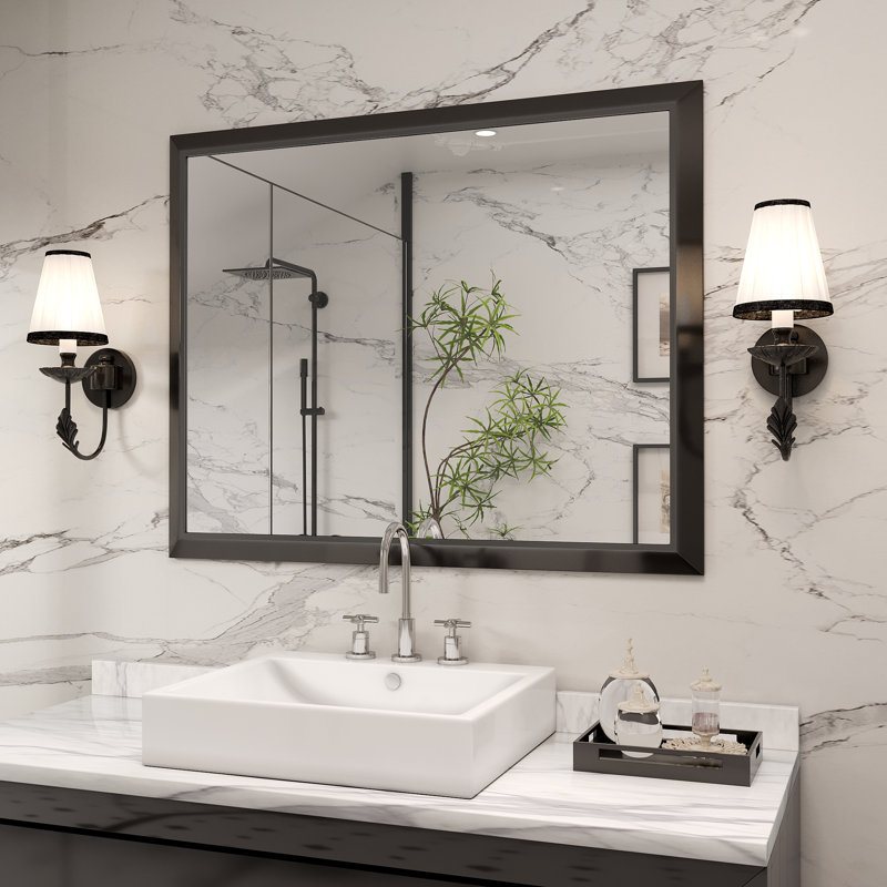 Molly Tempered Glass Metal Beveled Framed Wall Mounted Vanity Rectangular Mirror, 40" x 32", Black