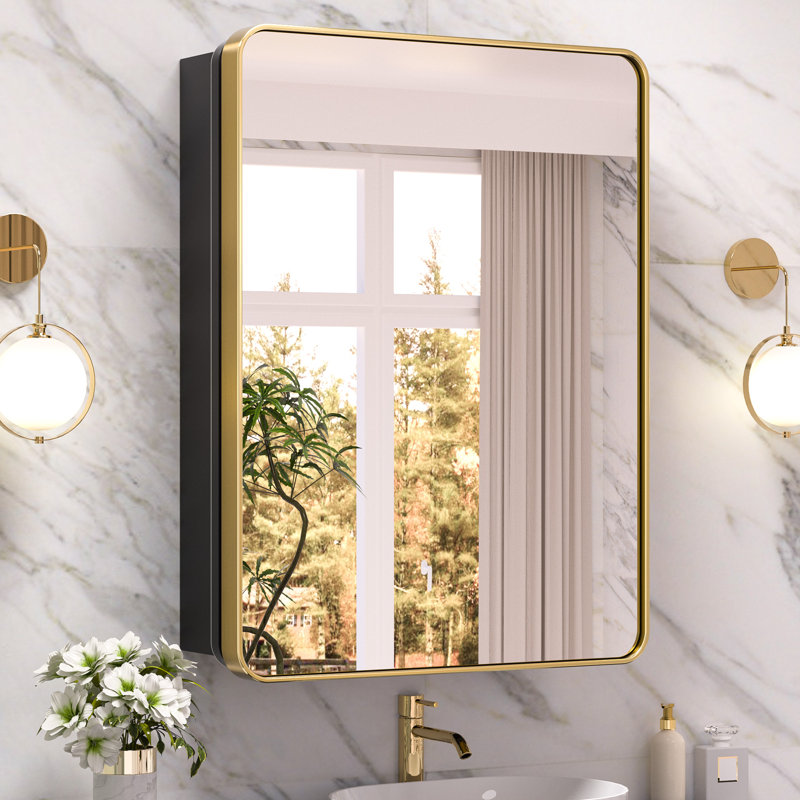 Gervon Rectangle Recessed Medicine Cabinet with Adjustable Shelves, 32" H x 24" W x 5" D, Gold