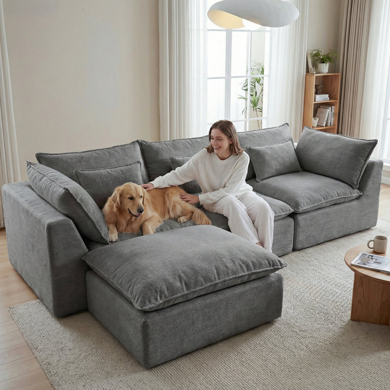 Canapé modulaire en velours de compression à assise profonde 102,3 po sans assemblage requis, Grey Waffle