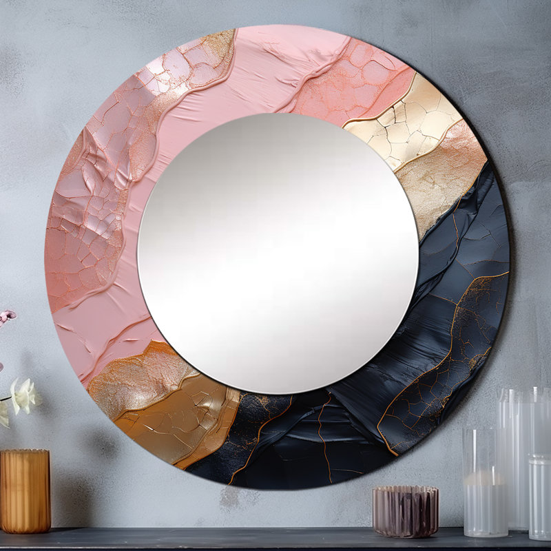 Minimalisme rose or poteries - miroir mural unique spirales abstraites, miroir rond moderne, art imprimé en métal