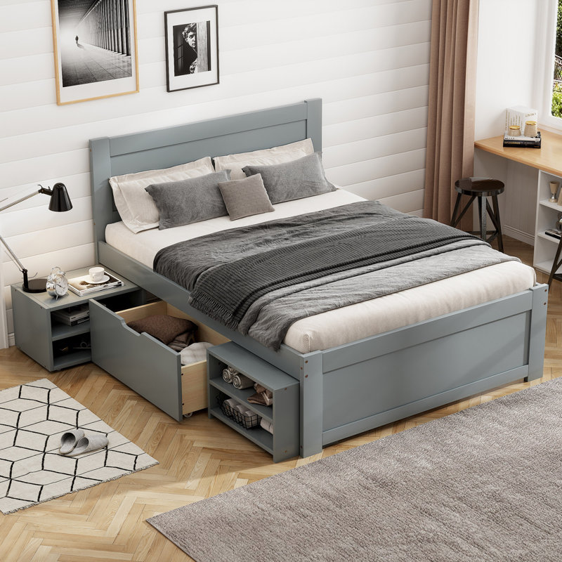 Lit plateforme avec tiroir et deux tablettes, Gris antique, Simple