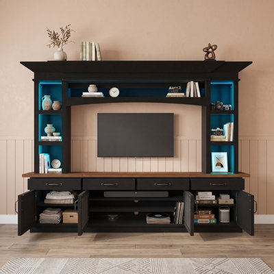 94.3 Inch Farmhouse Entertainment Center with Multicolor LED Lights, Fits Up to 65-Inch TVs, Shelves, Drawers, Cabinets