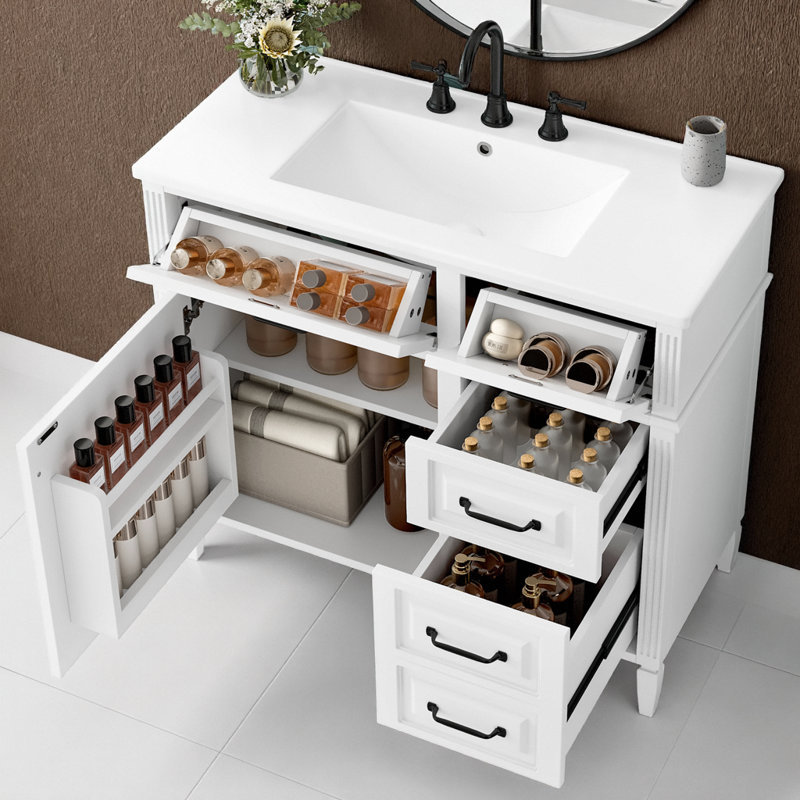 Meuble-lavabo moderne avec lavabo 36 po, armoire de rangement intelligente avec 2 tiroirs rabattables et tablette réglable, meuble-lavabo autoportant en bois massif