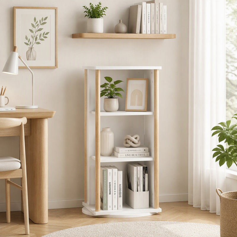 Bibliothèque pivotante à 360° pour enfants avec tableau noir, bibliothèque tournante à 3 niveaux et rangement pour jouets, blanc et naturel