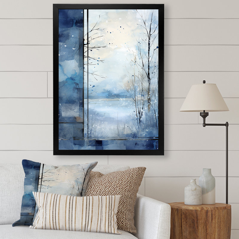 «White and Blue Winter Forest Collage VI», art mural paysage d'hiver, H 44 po x l 34 po x P 1,5 po, Cadre simple noir