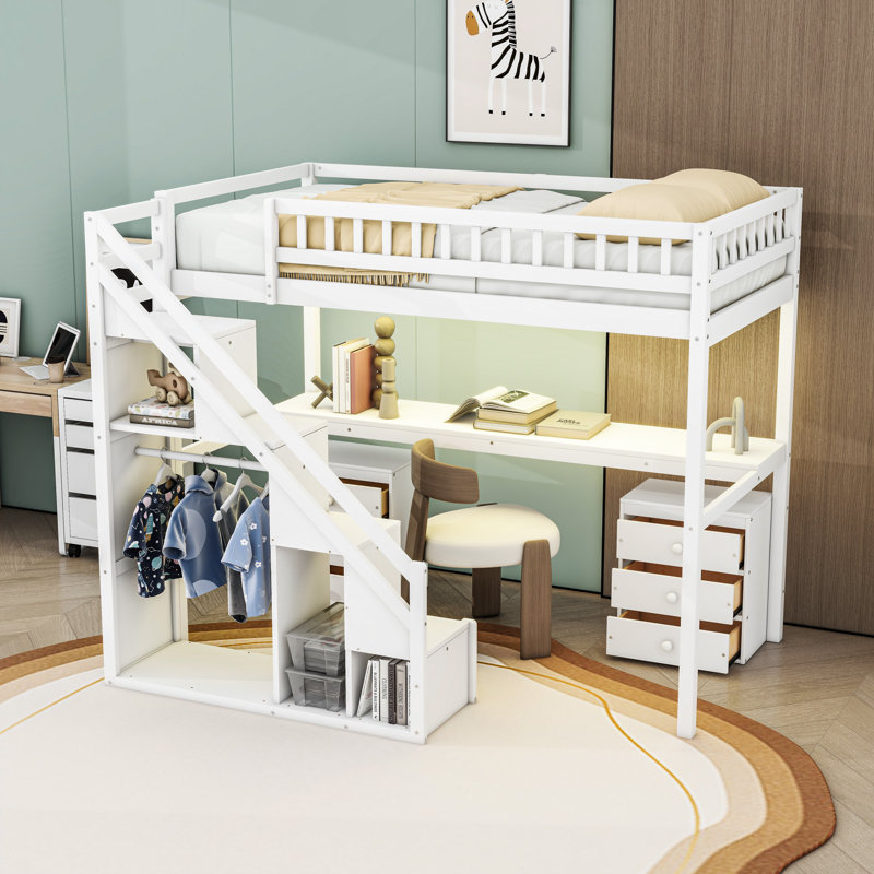 Lit mezzanine en bois avec bureau intégré et tiroirs et lumières DEL et escaliers, Simple, Blanc