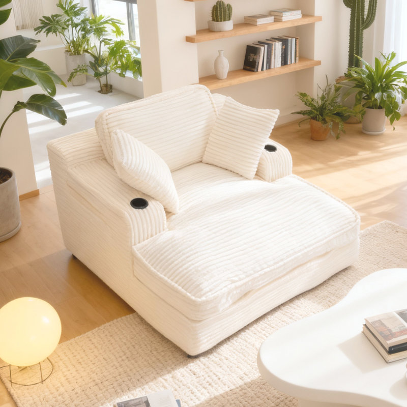 Oversized Cloud Chaise Lounge With Cup Holders & Side Pocket, No Assembly Required, Corduroy, Beige
