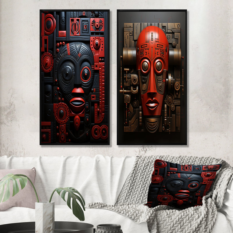 Masque africain Zulu Warrior II - ensemble de 2 décorations murales masque africain, Cadre noir, H 28 po x l 25 po