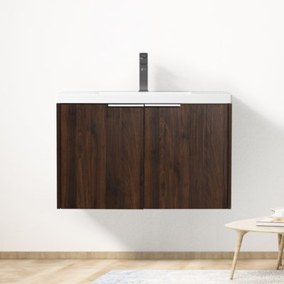 Petit meuble-lavabo de 30 pouces avec lavabo. Portes à fermeture en douceur. Moderne à fixation murale. Bassin en résine. Lavabo en noyer de 30 po, portes, monté, attrayant, lavabo, nombreuses options de rangement,