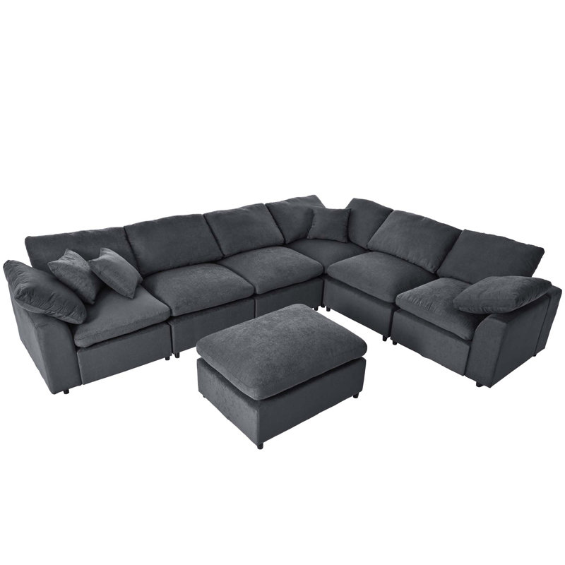 129" Extra-Wide Modular Sectional Sofa - 7-Seater Diamond Weave Polyester, Beige Polyester