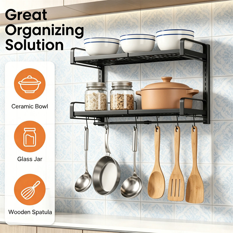 19"-30" Expandable 2 Tier Wall Mounted Pot Rack with 10 Hooks and 5 Lid Holders