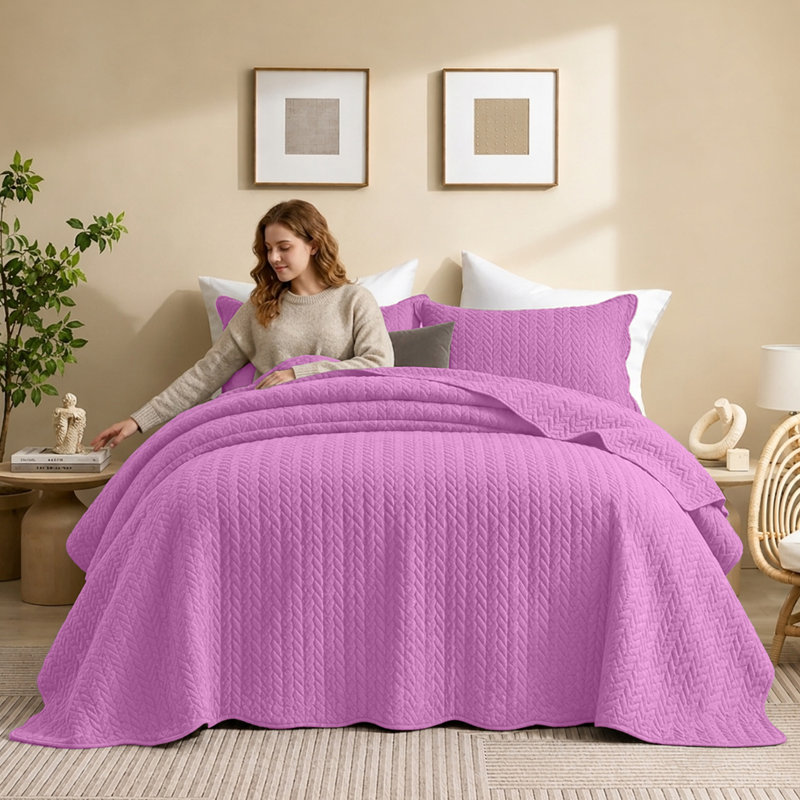 Microfiber Embossed Oversized Modern & Contemporary Bedspread Set With Shams, King Bedspread + 2 Pillowcases, Purple