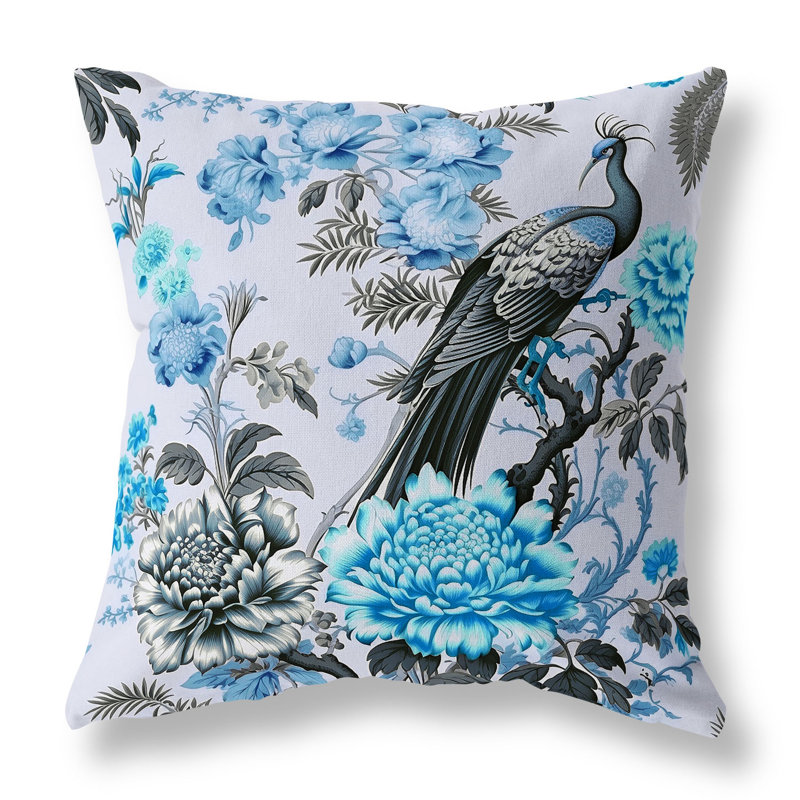 Blue and Gray Faux Suede Peacock Throw Pillow