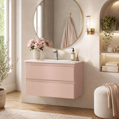 Meuble-lavabo mural 32 po avec tiroirs à fermeture en douceur et lavabo en céramique rose