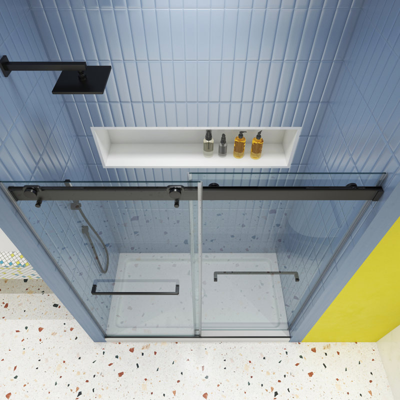 Porte de douche avec verre trempé de 5/16 po - noir mat, fermeture en douceur, dérivation à glissement en douceur, fuite