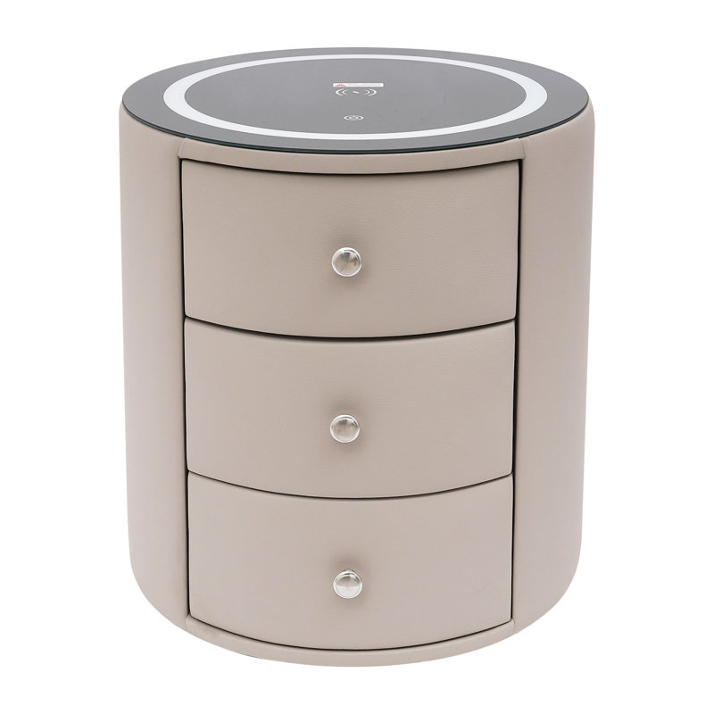 3 Tier Round Smart Bedside Table Nightstand With LED And Wireless Charge, Beige