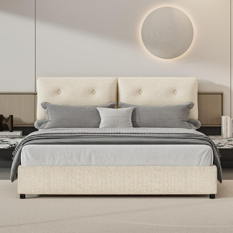 Bed Frames with Headboard, Boucle Bed Frame with Upholstered Headboard, Removable Upholstery, Wooden Slats Support, No Box Spring Needed