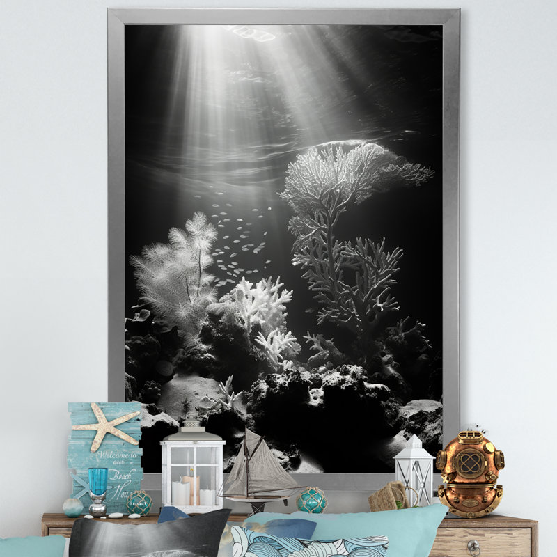 «Black and White Coastal Corals - Beach & Ocean», reproduction sur toile, Cadre photo argenté, H 40 po x l 30 po x P 1,5 po