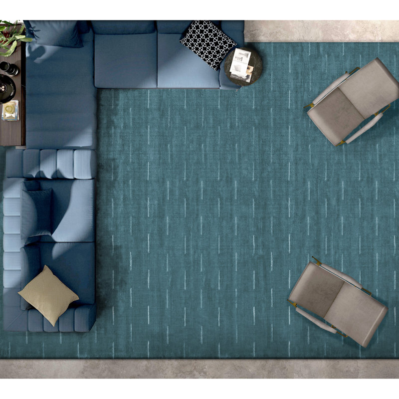 Hand Knotted Striped Area Rug in Blue/Green, Rectangle 12' x 15'