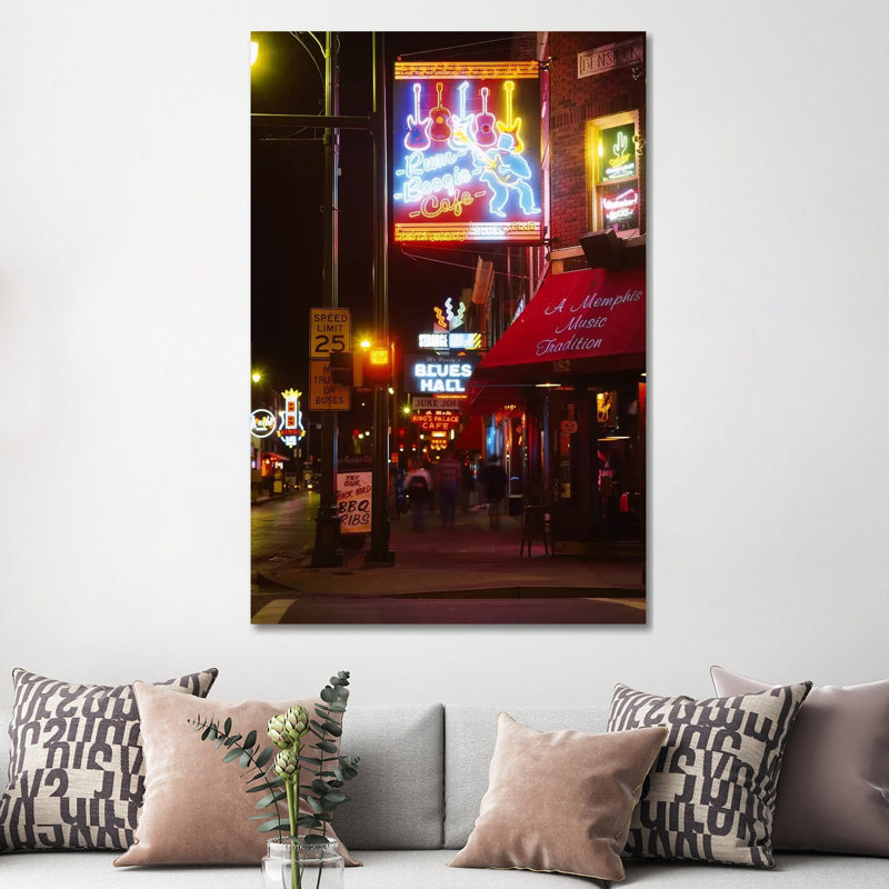 Neon Sign Lit Up At Night In A City, Rum Boogie Cafe, Beale Street, Memphis, Shelby County, Tennessee, USA by Panoramic Images - Wrapped Canvas Print