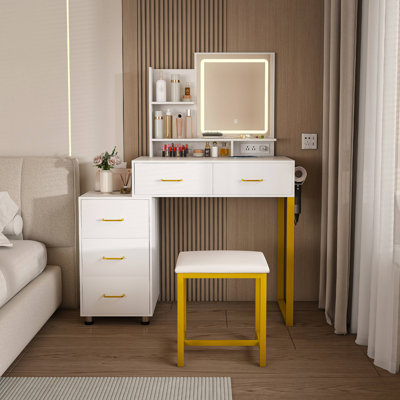 Makeup Vanity With LED Lights&3 Color And Power Outlet Makeup Vanity Table With 5 Drawers With Sturdy Metal Leg And Metal Chair Dressing Table For Bedroom Dressing Room