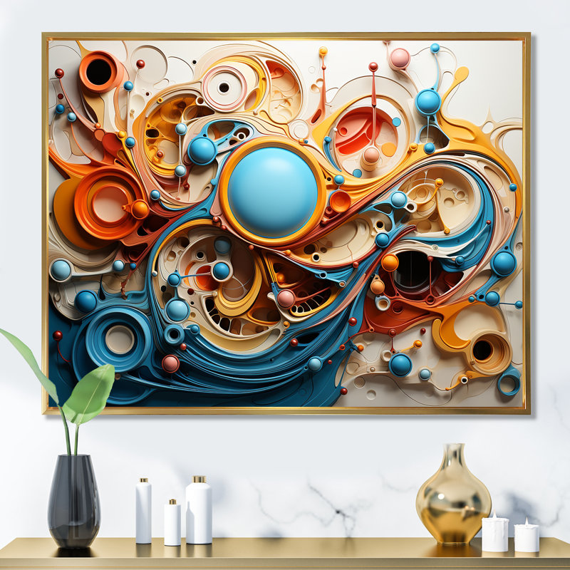 Surréalisme, formes d'imagination sur toile, H 34 po x l 44 po x P 1,5 po, Cadre flottant doré