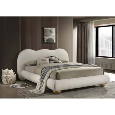 White King Bed, Boucle Upholstery, Modern Design, Solid Rubberwood And Engineered Wood, Round Bun Wood Feet For Bedroom Upholstered, Contemporary Vibe,