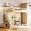 Lit mezzanine pleine grandeur de couleur beige, avec escalier latéral, tablettes ouvertes et coiffeuse de couleur beige, avec rangement intégré, rangement