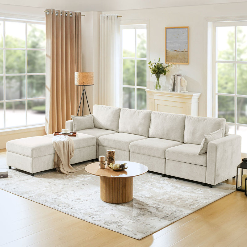 Canapé modulaire de rangement en velours côtelé 6 pièces avec plateau polyvalent, coussins de dossier et sac de rangement Catlin