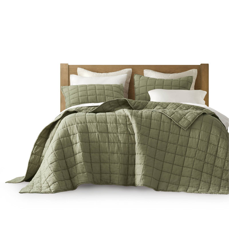 Ensemble de courtepointe 100% lin French Flax, Courtepointe double et 2 taies décoratives standa, Vert olive