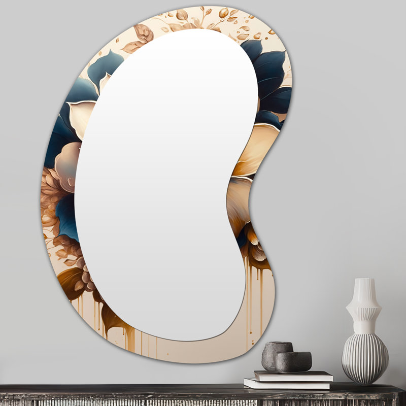 Light Orange And Dark Blue Dhalia III - Dahlia Asymmetrical Mirror, Orange Irregular Shape Unique Wall Mirror, Printed Metal Art