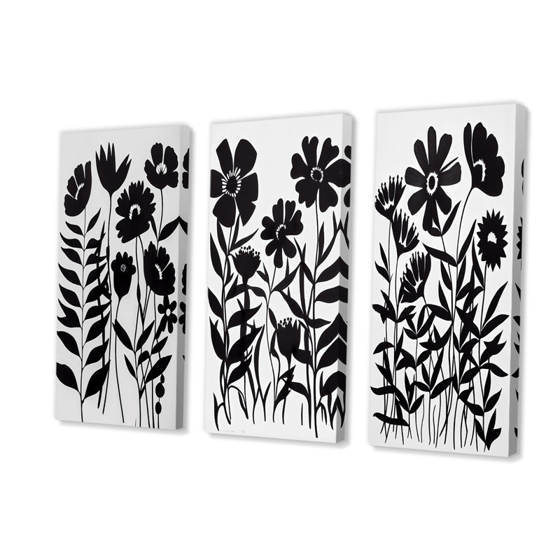 «Black and White Graphic Flowers II», ensemble de 3 reproductions sur toiles tendues, H 32 po x l 48 po x P 1 po
