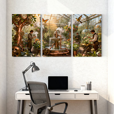 Fantasy & Sci-Fi Steampunk Garden With Clockwork Tree And Fountain Set of 3 Canvas Wall Art Prints