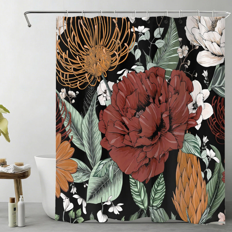 Rideau de douche foncé foncé pivoine Protea 72 po x 72 po (180 x 180 cm) avec crochets vert bourgogne