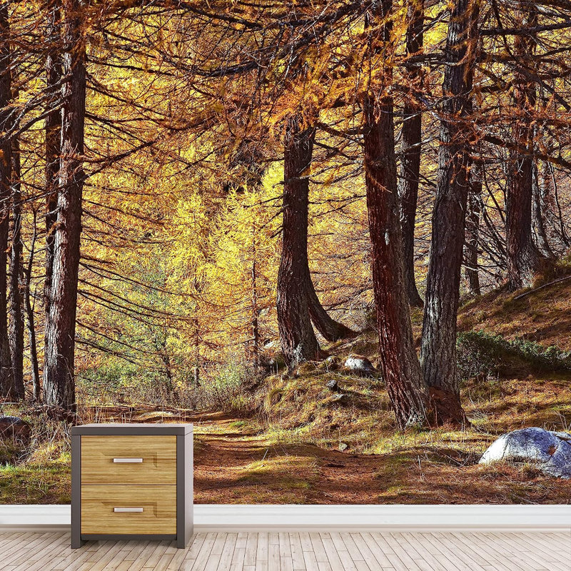 Murale forêt d'automne à feuilles d'arbres jaunes, L 96 po x l 66 po