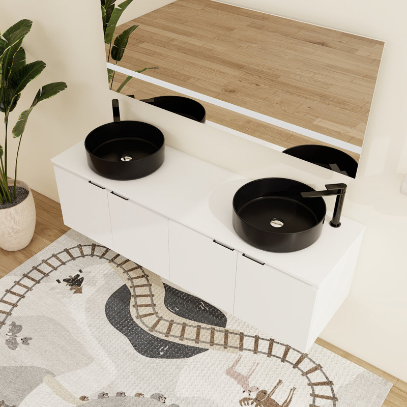 Dalmahoy 60" Bathroom Vanity with Sink, 60 Inch Floating Vanity, Double Sink Wall Mounted Vanity Combo, Modern White Bathroom Vanity Set with 4 Doors and Ceramic Basin Sink