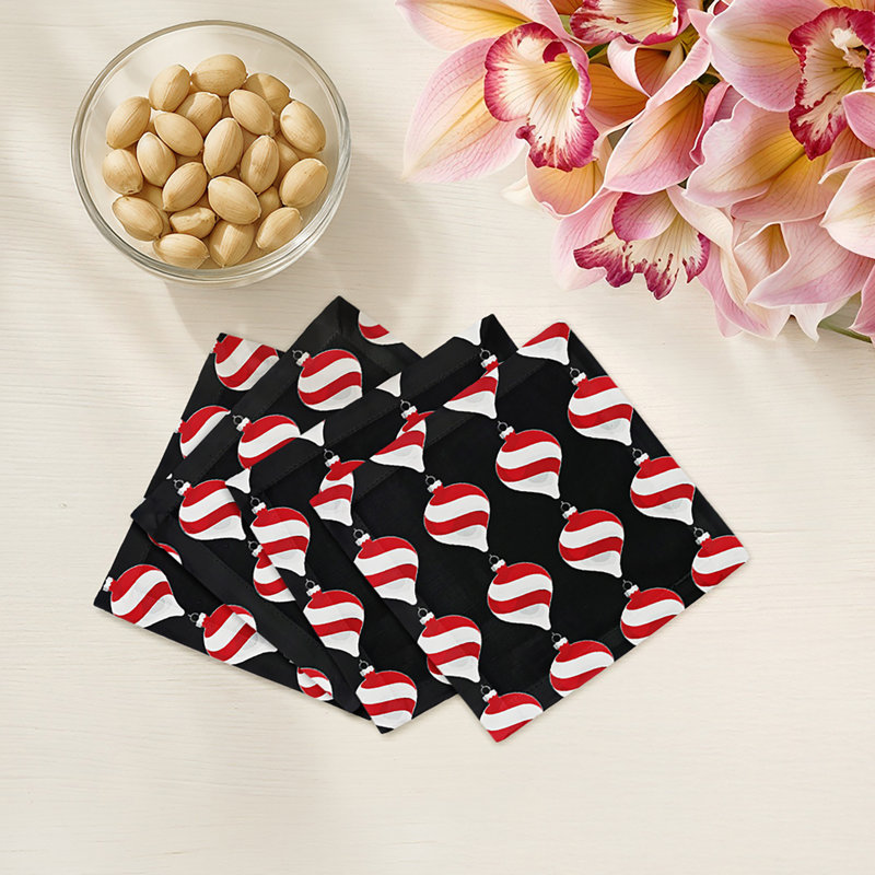 Xmas Ornament Cotton Sateen Cocktail Napkins, Black