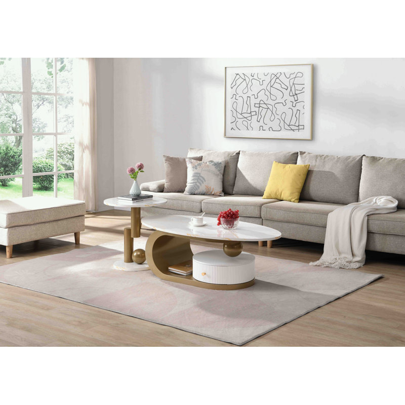Ensemble de 2 tables basses gigognes avec tiroir et tablette, Doré