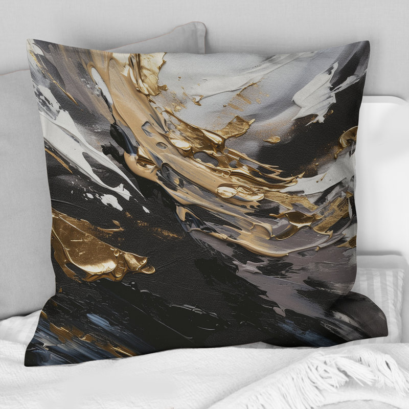 «Rhythm Of Pleasure» abstrait noir et or III - Coussin décoratif avec peinture abstraite
