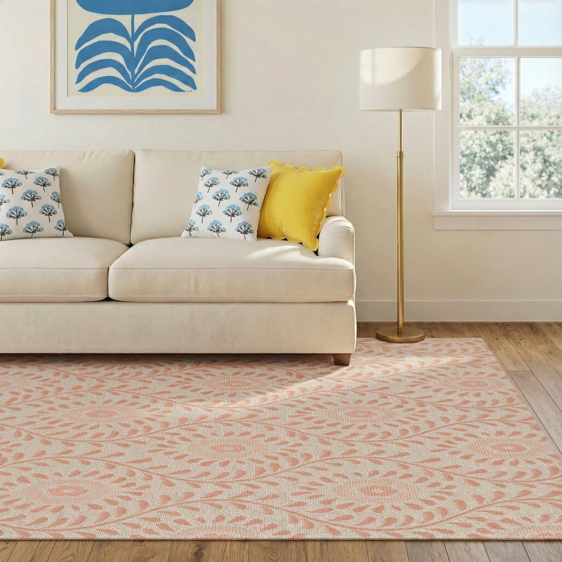 Kasey Floral Coral/Beige Indoor / Outdoor Area Rug, Rectangle 6'6" x 9'