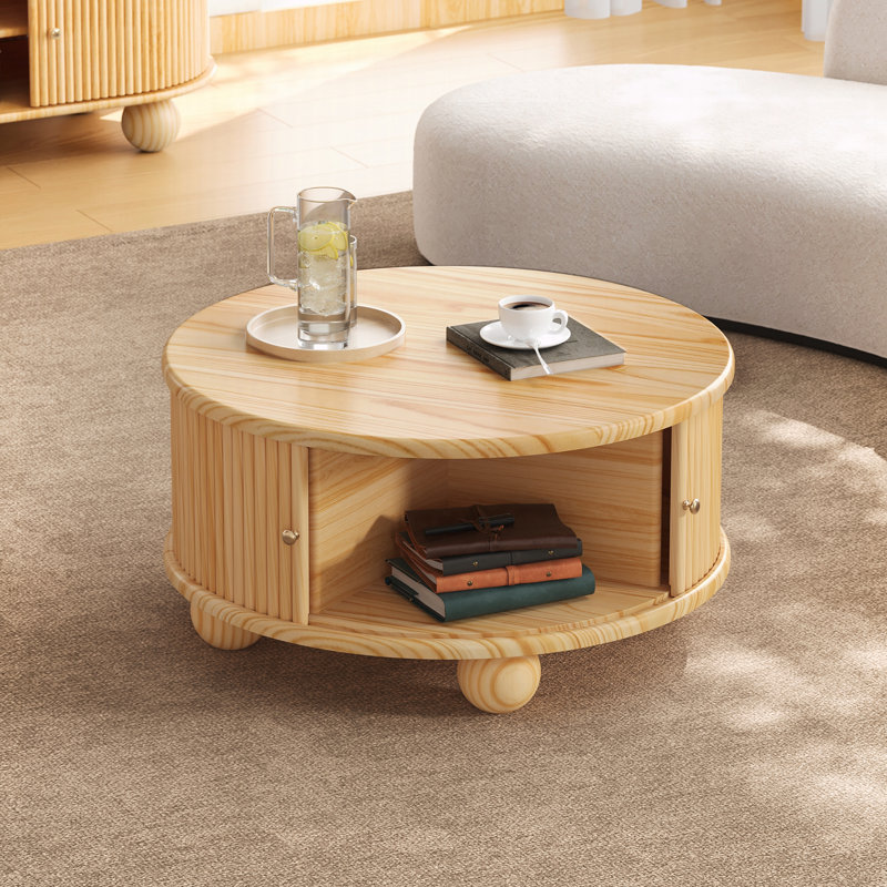 Table basse ronde cannelée avec rangement, Naturel
