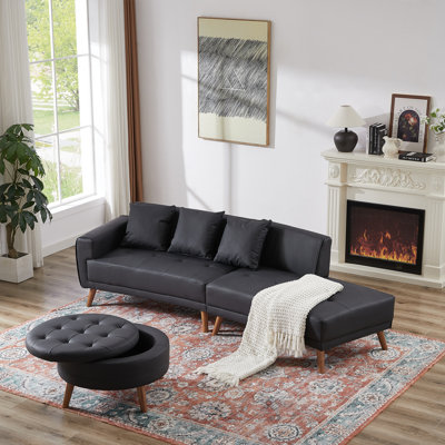 Modern Sofa107" Contemporary Sofa Stylish Sofa Couch With A Round Storage Ottoman And 3 Removable Pillows  , Black
