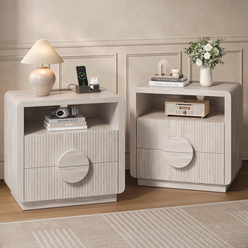 23" H 2-Drawer Nightstand Openwork Side Table With Charging Station, Slatted Panel Design & Open Shelf, Curved Profile End Table For Bedroom, Living Room, Sofa And Office (Set Of 2)