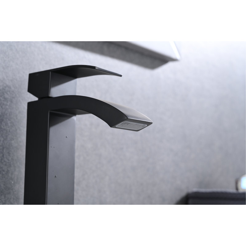 Bathroom Sink Faucet With Matte Black Finish And Waterfall Spout - Single Handle Pop-Up Drain  Overflow Attached  Robust Stainless Steel For Performance Easy Installation Embedded  Dependable
