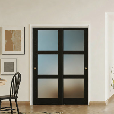 2 MDF Interior Doors With Aluminum Hardware - 3 Lite Frosted Glass Black Textured Bypass Sliding Door System With Soft-Close Mechanism