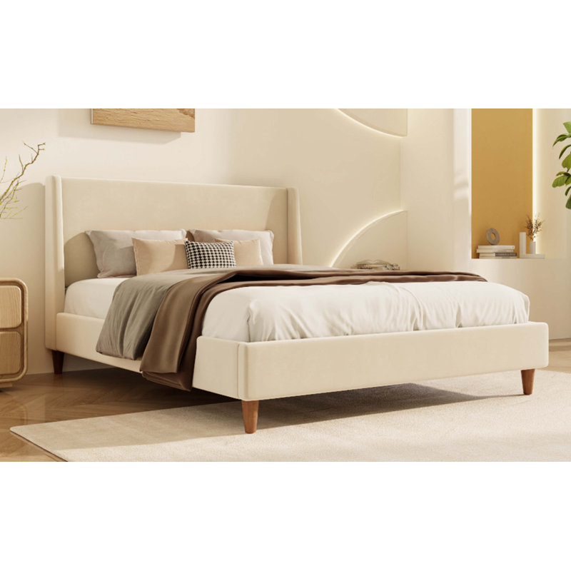Modern Beige Velvet Upholstered Platform Bed With Wingback Headboard And Walnut Wooden Legs, Beige Velvet