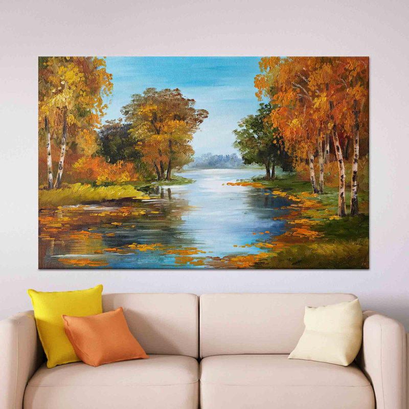 «Autumn River Landscape», art mural encadré, toile tendue 1P, H: 35,4 po x l: 59,1 po
