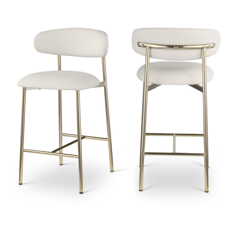 Tabouret de comptoir Lupita, Or brossé, Cuir végétalien blanc cassé