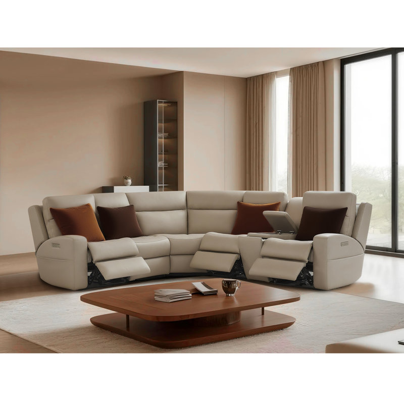 Canapé modulaire inclinable en cuir véritable avec puissance Thriple, Cuir véritable beige clair 