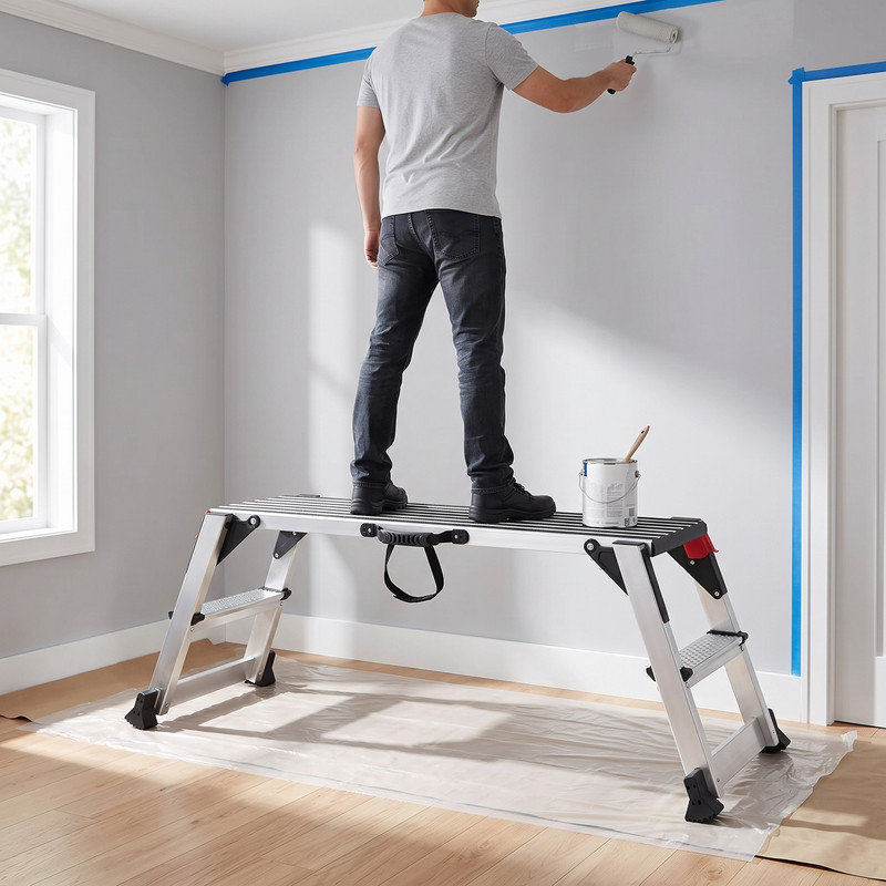 Escabeau antidérapant pliable en aluminium avec capacité de 660 lb, escabeau pliant avec plate-forme de travail pliante 39,4 x 11,8 po